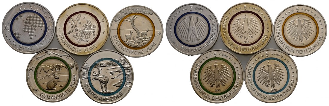 PEUS 1757 BRD Planet Erde, Tropische Zone, Subtropische Zone, Gemäßigte Zone 5 Euro Gedenkmünze-Lot (5 Münzen) 2016 - 2020 Meist Vorzüglich +