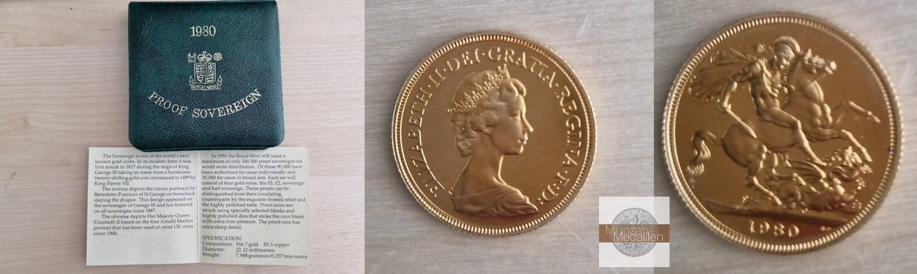 Grossbritannien  Sovereign MM-Frankfurt  Feingold: 7,32g Elisabeth II. 1980 
