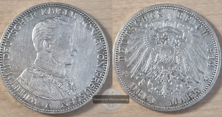  Preußen, Kaiserreich  3 Mark 1914   FM-Frankfurt  Feinsilber: 15g   