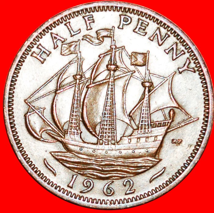 * SHIP (1937-1970): GREAT BRITAIN★ HALF PENNY 1962! ELIZABETH II (1953-2022)★LOW START ★ NO RESERVE!