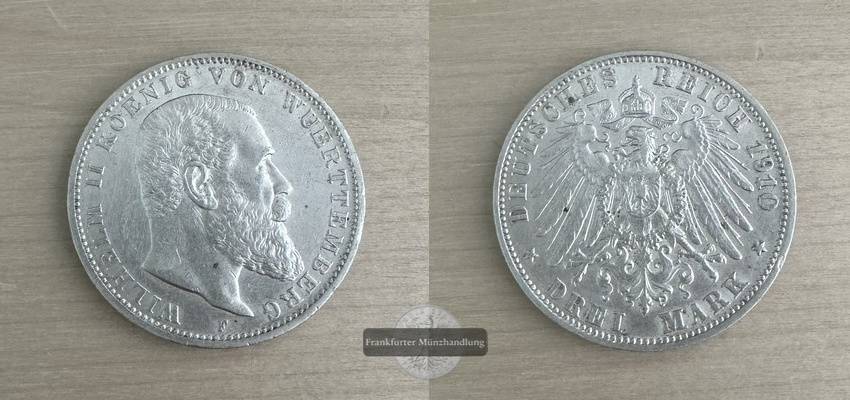 Deutsches Kaiserreich. Württemberg, Wilhelm II. 3 Mark 1910 F FM-Frankfurt  Feinsilber: 15g   