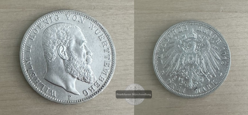  Deutsches Kaiserreich. Württemberg, Wilhelm II. 3 Mark 1912 F FM-Frankfurt  Feinsilber: 15g   