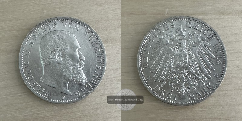  Deutsches Kaiserreich. Württemberg, Wilhelm II. 3 Mark 1914 F FM-Frankfurt  Feinsilber: 15g   