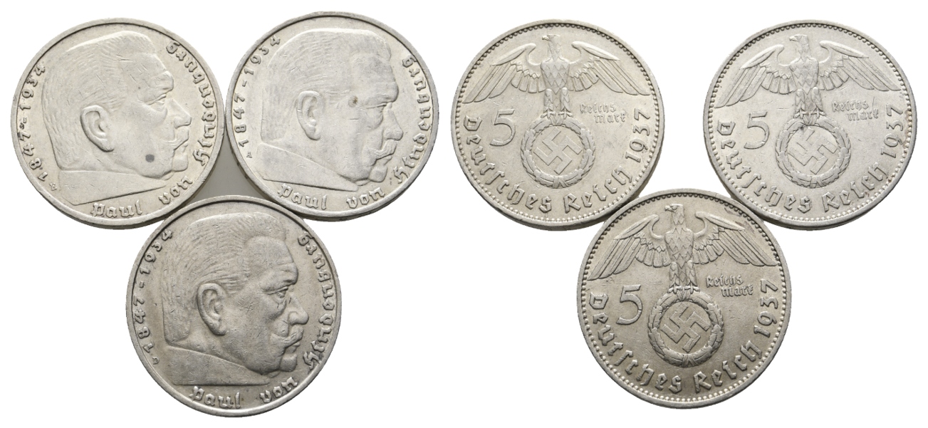  Deutsches Reich; 5 Mark (3 Stück) 1937   