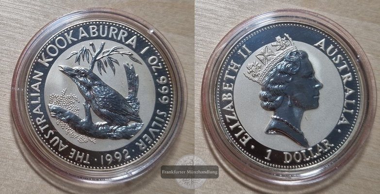 Australien,  1 Dollar 1992  Kookaburra  FM-Frankfurt  Feinsilber: 31,1g   