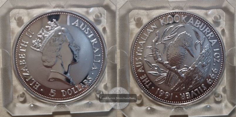  Australien,  5 Dollar 1991  Kookaburra  FM-Frankfurt  Feinsilber: 31,1g   