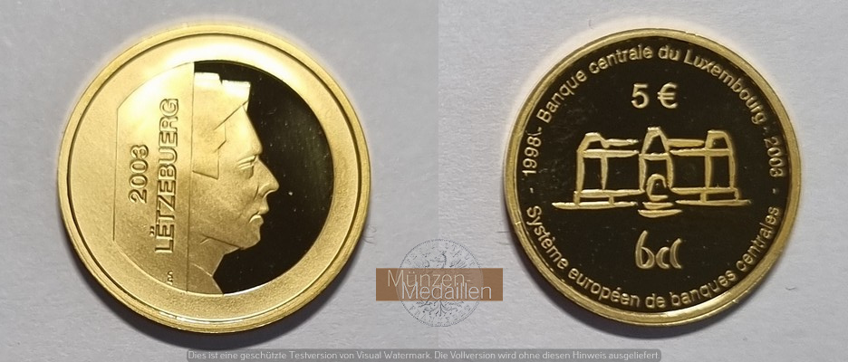 Luxemburg  5 Euro MM-Frankfurt  Feingold: 6,22g Luxembourg Central Bank 2003 