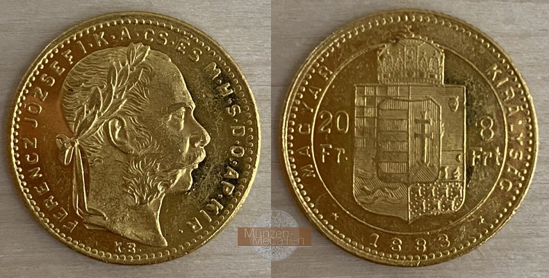 Ungarn, Königreich 1867-1918 MM-Frankfurt Feingewicht 5,81g 8 Forint 1883 KB 