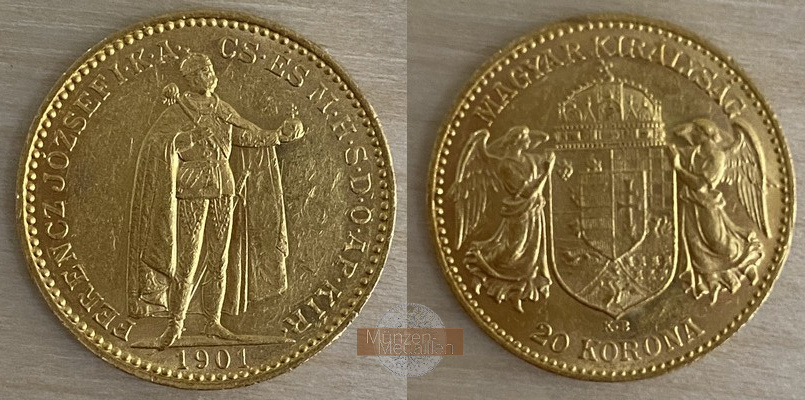 Ungarn, Franz Joseph I (1848-1916) MM-Frankfurt Feingewicht: 6,1g 20 Korona 1901 