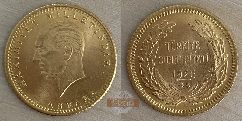 Türkei(Republik) 50 Kurush MM-Frankfurt Feingold: 3,31g Mustafa Kemal Atatürk 1923 