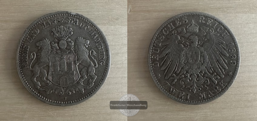  Deutsches Kaiserreich. Hamburg, freie Hansestadt.  2 Mark 1899 J     FM-Frankfurt    Feinsilber: 10g   