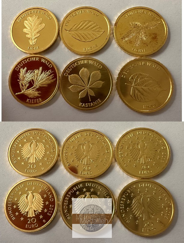 BRD 6 x 20 Euro MM-Frankfurt Feingold: 23,39g Deutscher Wald 2010-2015