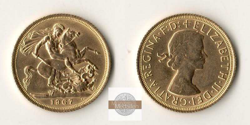Grossbritannien  Sovereign MM-Frankfurt Feingold: 7,32g Elisabeth II. 1967 