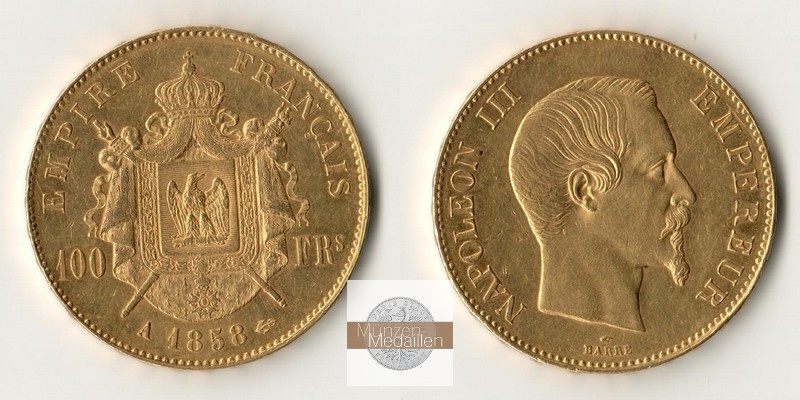 Frankreich 100 Francs  1858 A MM-Frankfurt Feingold: 29,03g Napoleon III.  