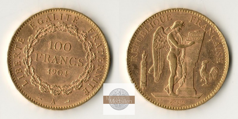Frankreich MM-Frankfurt Feingold: 29,03g 100 Francs 1904 A 