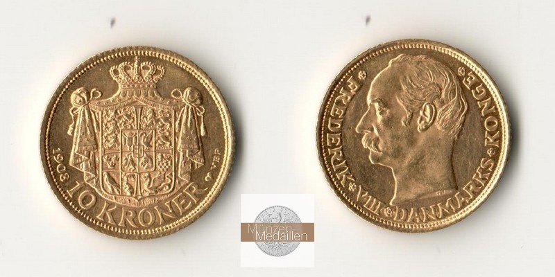 Dänemark, Frederik VIII. (1906-1912) MM-Frankfurt Feingold: 4,03g 10 Kroner 1908 VBP 