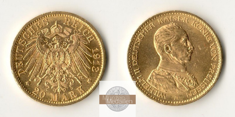 Preussen Kaiserreich  20 Mark MM-Frankfurt Feingold: 7,17g Wilhelm II. 1888-1918 Uniform 1913 A 