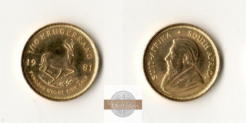Südafrika MM-Frankfurt   Feingold: 3,11g 1/10 Unze Krügerrand 1981 