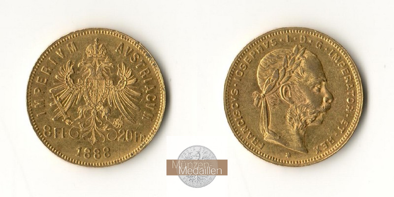 Österreich, Kaiserreich MM-Frankfurt Feingold: 5,81g 8 Florin - 20 Franken 1888 