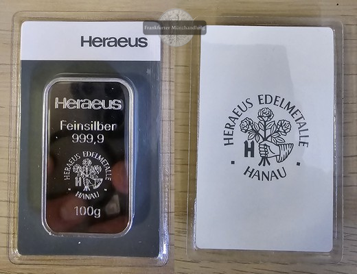  Deutschland.  Silberbarren 100g Heraeus  FM-Frankfurt  Feingewicht: 100g   