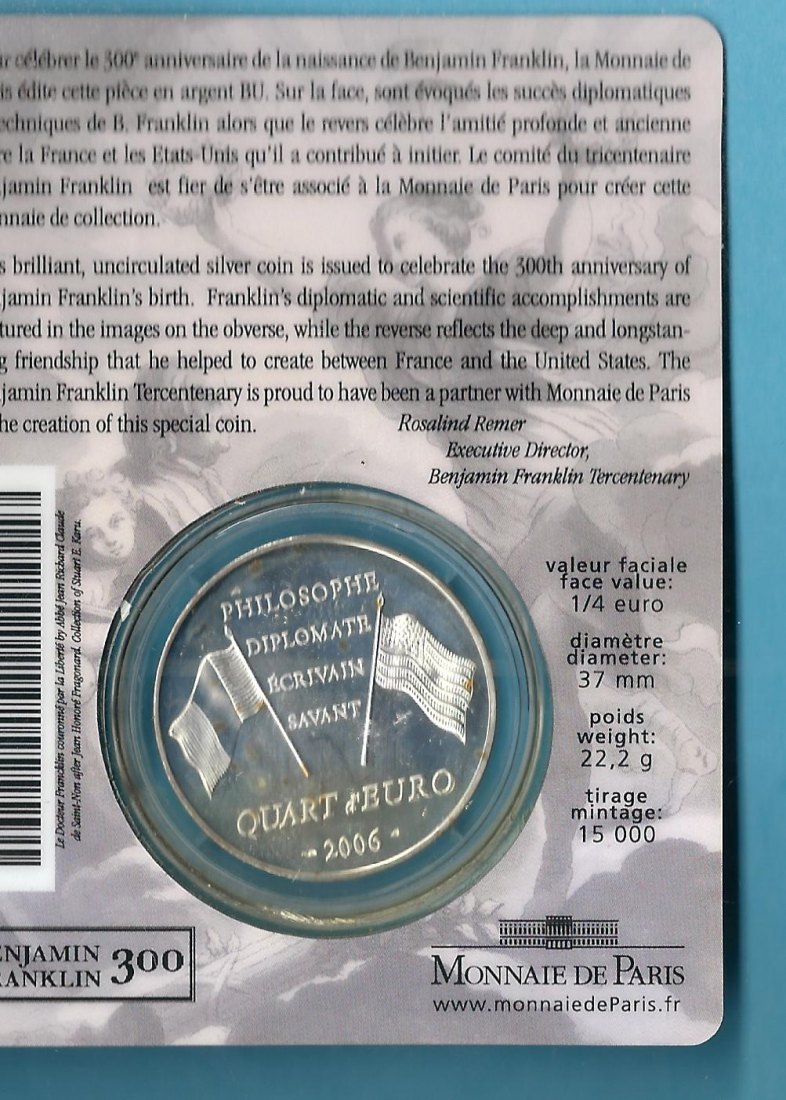  Frankreich 1/4 Euro 2006 Silber Golden Gate Münzenankauf Koblenz Frank Maurer AC847   