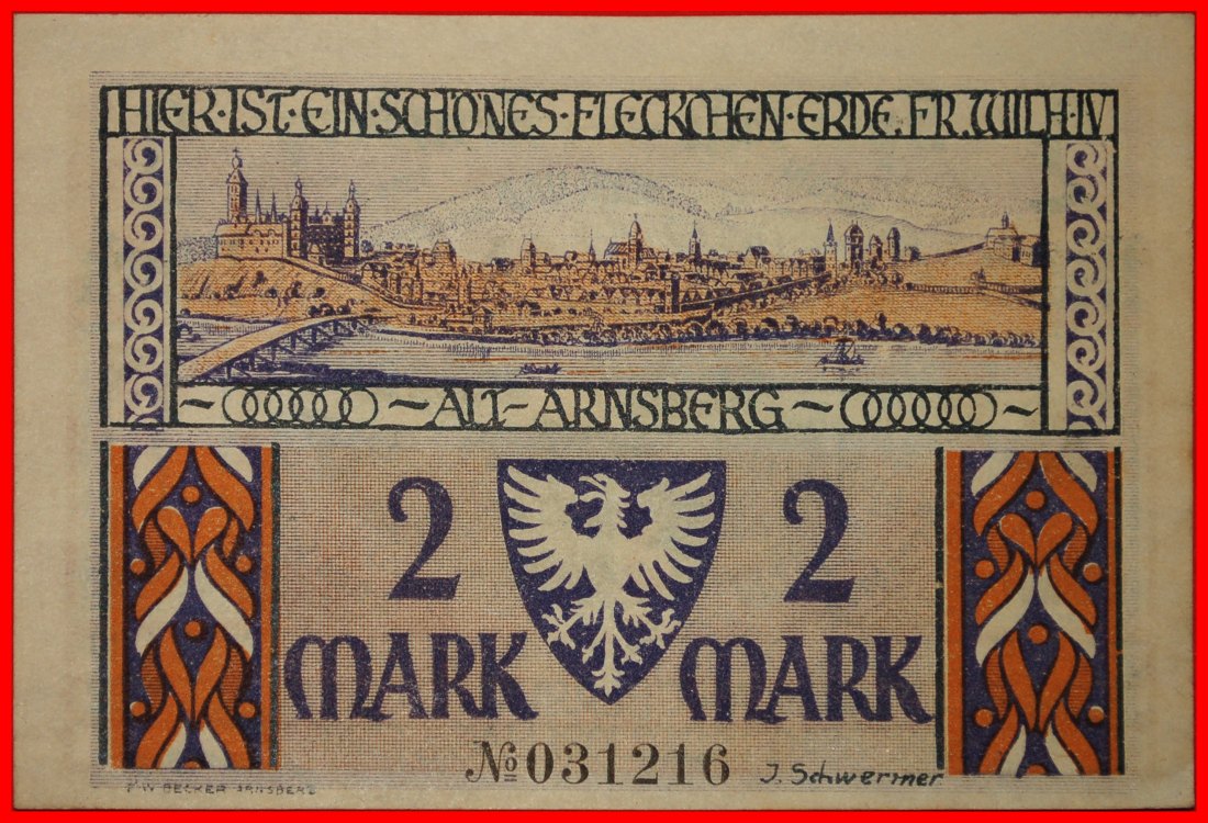  * WESTPHALIA: GERMANY ARNSBERG ★ 2 MARKS 1921 CRISP DEAD MEN AND SHIPS!★LOW START★ NO RESERVE!   