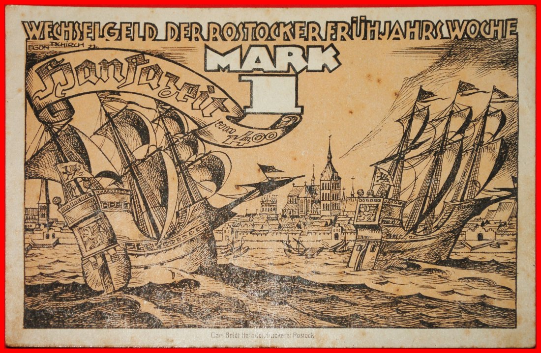 * MECKLENBURG-SCHWERIN: GERMANY ROSTOCK 1400 ★ 1 MARK (1914-1924) SHIP! CRISP★LOW START★ NO RESERVE!