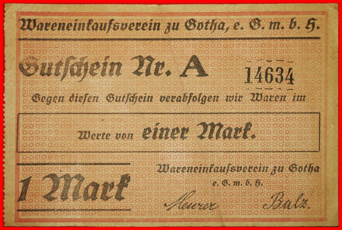 * THURINGIA: GERMANY GOTHA ★ 1 MARK (1914-1924) CRISP! TO BE PUBLISHED! LOW START ★ NO RESERVE!