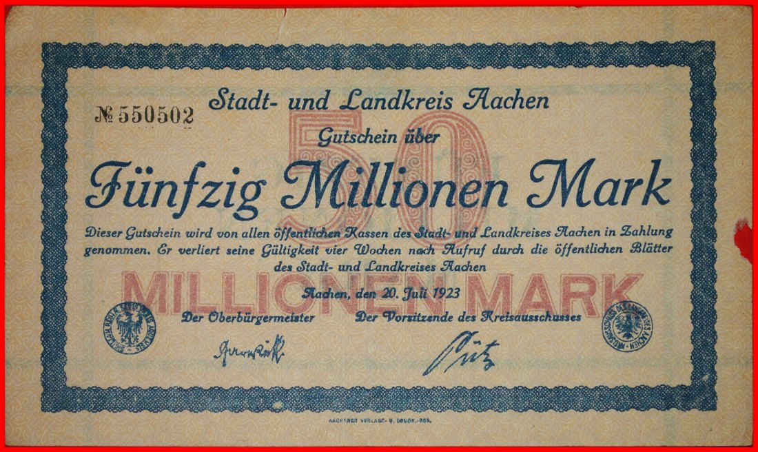 * RHINE: GERMANY AACHEN ★ 50000000 MARKS 1923 CRISP INFLATION! ★LOW START★NO RESERVE!