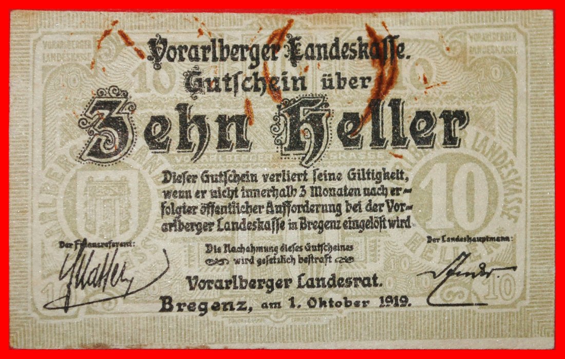 * VORALBERG: ÖSTERREICH BREGENZ ★ 10 HELLER 1919 KNACKIG! ★OHNE VORBEHALT