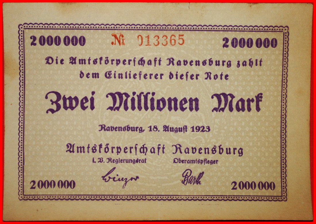 * WUERTTEMBERG: GERMANY RAVENSBURG★2000000 MARKS 1923 WITH №! TO BE PUBLISHED ★LOW START★NO RESERVE!