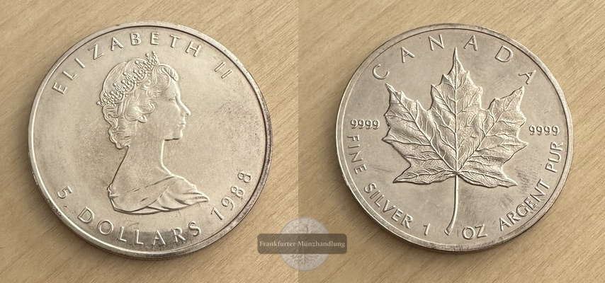  Kanada  5 Dollar 1988 Maple Leaf   FM-Frankfurt    Feinsilber: 31,1g   