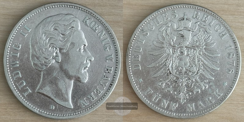  Deutsches Kaiserreich. Bayern, Ludwig II.  5 Mark  1876 D   FM-Frankfurt Feinsilber: 25g   