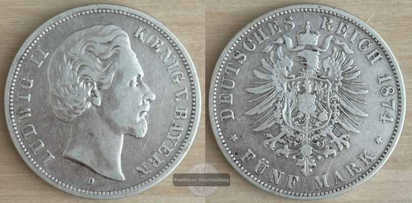  Deutsches Kaiserreich. Bayern, Ludwig II.  5 Mark  1874 D   FM-Frankfurt Feinsilber: 25g   