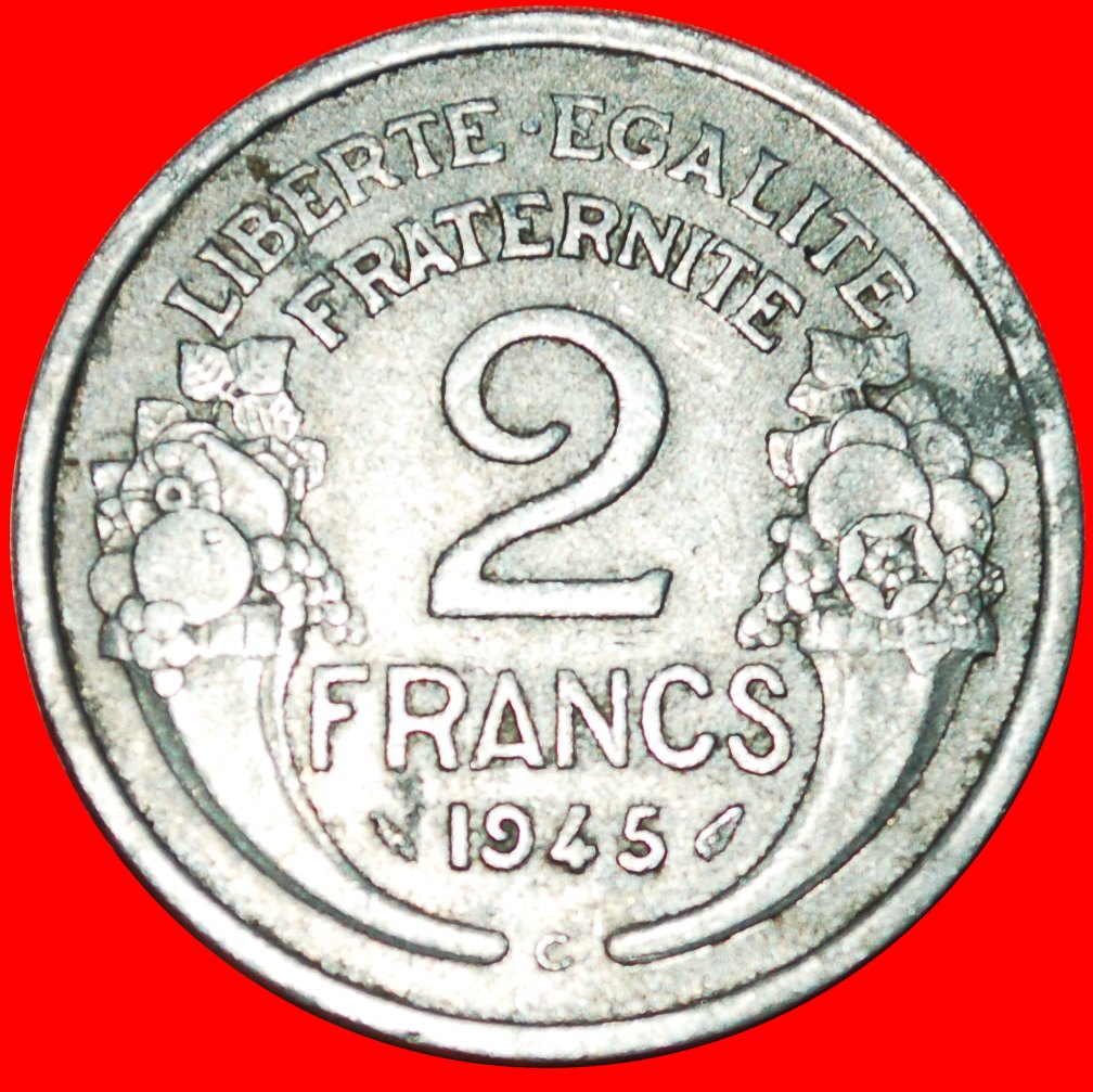 * CORNUCOPIAS: FRANCE ★ 2 FRANCS 1945C UNCOMMON! WAR PERIOD (1939-1945)! LOW START ★ NO RESERVE!