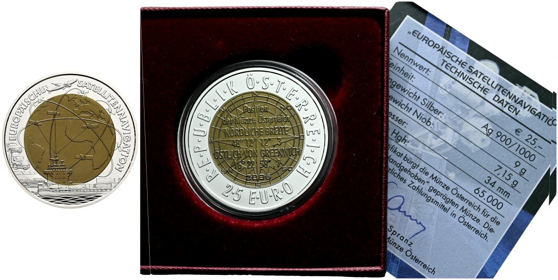 PEUS 1940 Österreich 9 g Feinsilber + 7,15 g Feinniob. Europa Satellitennavigation mit Zertifikat + Originalverpackung 25 Euro SILBER + NIOB 2006 Stempelglanz (in Kapsel)