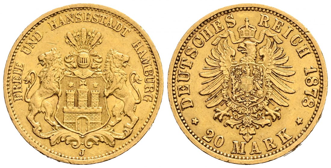 PEUS 1958 Hamburg - Kaiserreich 7,16 g Feingold. Stadtwappen / Kleiner Adler 20 Mark GOLD 1878 J Sehr schön