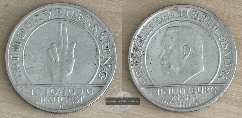  BRD, Weimarer Republik 5 Reichsmark 1929 D Weimarer Reichsverfassung FM-Frankfurt Feinsilber: 12,5   