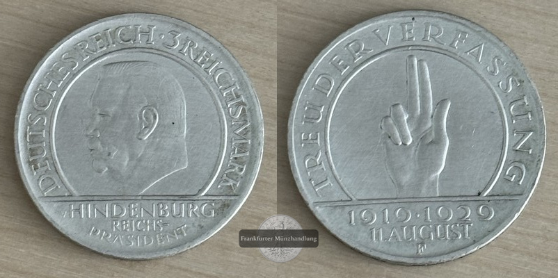  BRD, Weimarer Republik 3 Reichsmark 1929 F Weimarer Reichsverfassung FM-Frankfurt Feinsilber: 12,5   