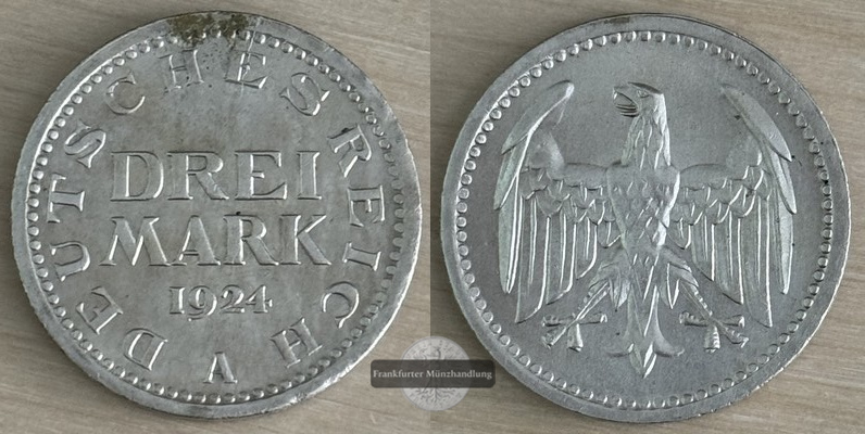  Deutschland, Weimarer Republik 1919-1933.  3 Mark 1924 A  FM-Frankfurt Feinsilber: 7,5g   
