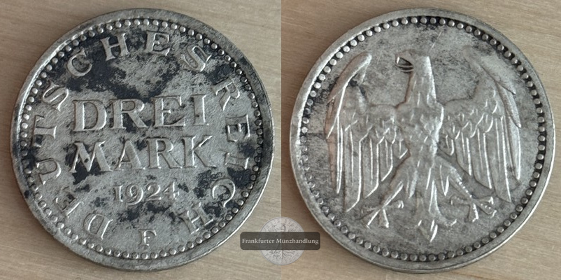  Deutschland, Weimarer Republik 1919-1933.  3 Mark 1924 F  FM-Frankfurt Feinsilber: 7,5g   
