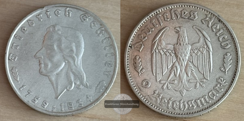  Deutschland, Drittes Reich.  2 Reichsmark 1934 175. Geburtstag Schiller  FM-Frankfurt  Feinsilber:5g   