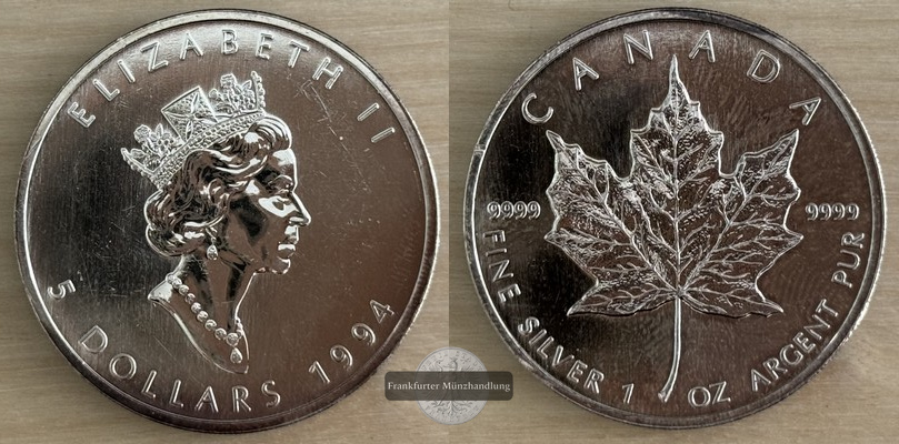  Kanada.  5 Dollar 1994 Maple Leaf   FM-Frankfurt    Feinsilber: 31,1g   
