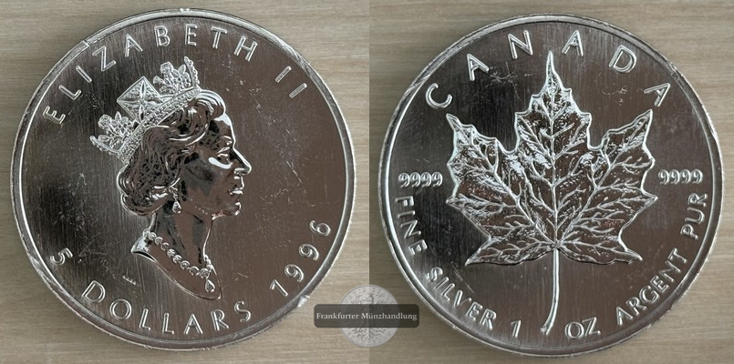  Kanada.  5 Dollar 1996 Maple Leaf   FM-Frankfurt    Feinsilber: 31,1g   