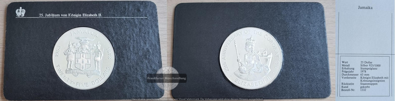  Jamaika  25 Dollar  1978  FM-Frankfurt  Feingewicht: 125,87g  Silber   