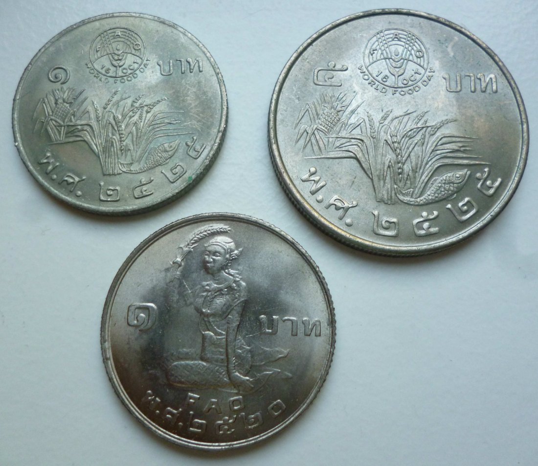 Thailand 3 Münzen 1 Bath 1977 und 1 + 5 Bath 1982 FAO