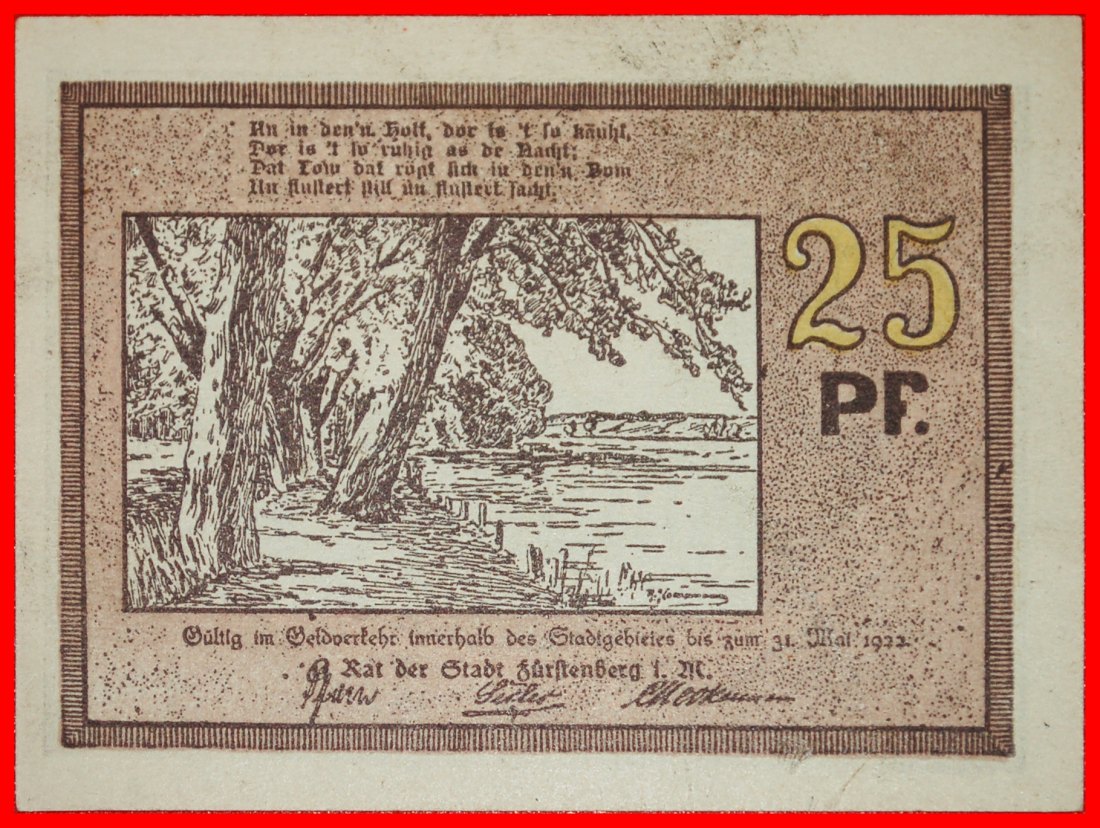 Ⰶ MECKLENBURG-STRELITZ: GERMANY FUERSTENBERG ★ 25 PFENNIGS (-1922) UNC CRISP★LOW START ★ NO RESERVE!