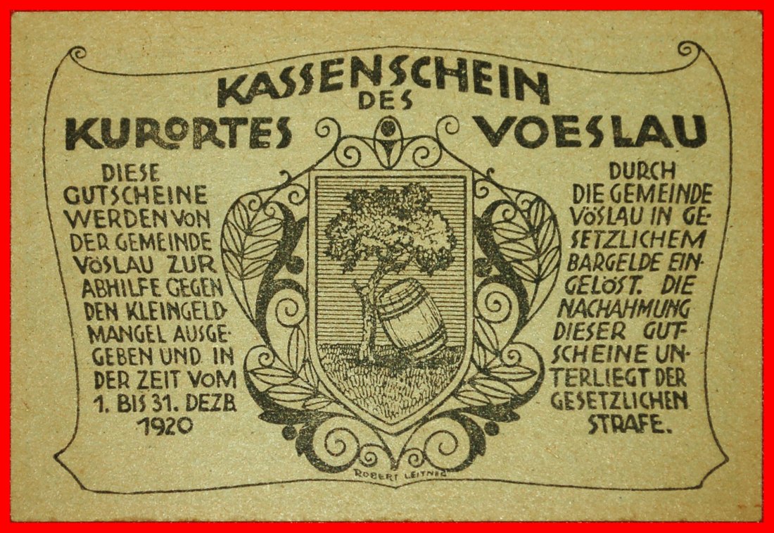  Ⰶ BARREL UNDER OAK: AUSTRIA VOESLAU ★ 20 HELLERS 1920 UNC CRISP!★LOW START ★ NO RESERVE!   