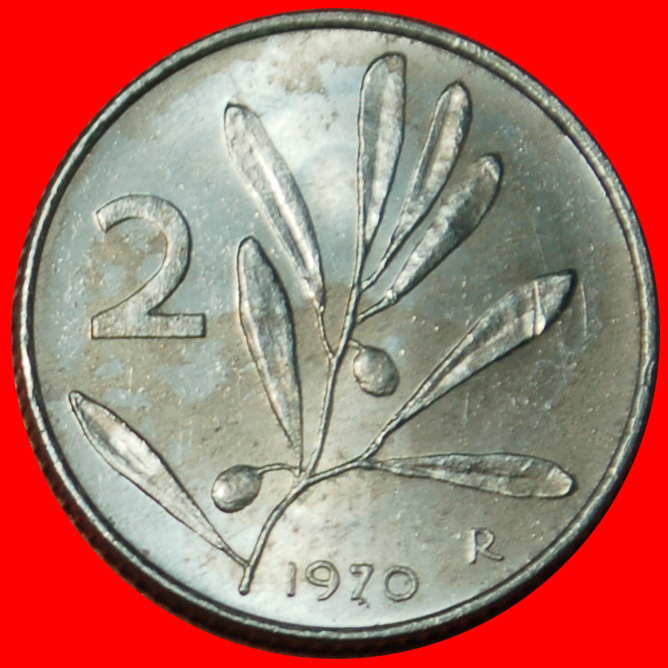  Ⰶ BEE (1951-2001): ITALY ★ 2 LIRAS 1970R OLIVES UNC MINT LUSTRE! LOW START ★ NO RESERVE!   