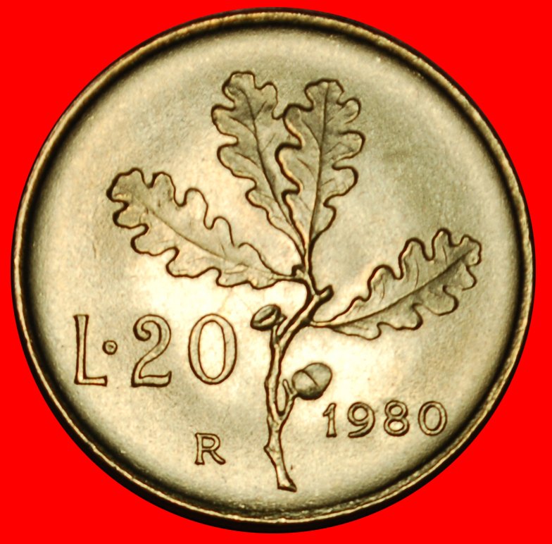 Ⰶ PLAIN EDGE (1968-2001): ITALY ★ 20 LIRAS 1980R UNC MINT LUSTRE! LOW START ★ NO RESERVE!